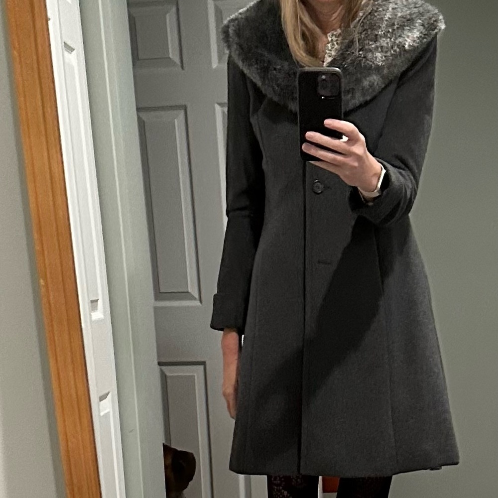 RALPH LAUREN Faux-Fur-Shawl Collar Coat Cashmere Blend silk lined Grey 8